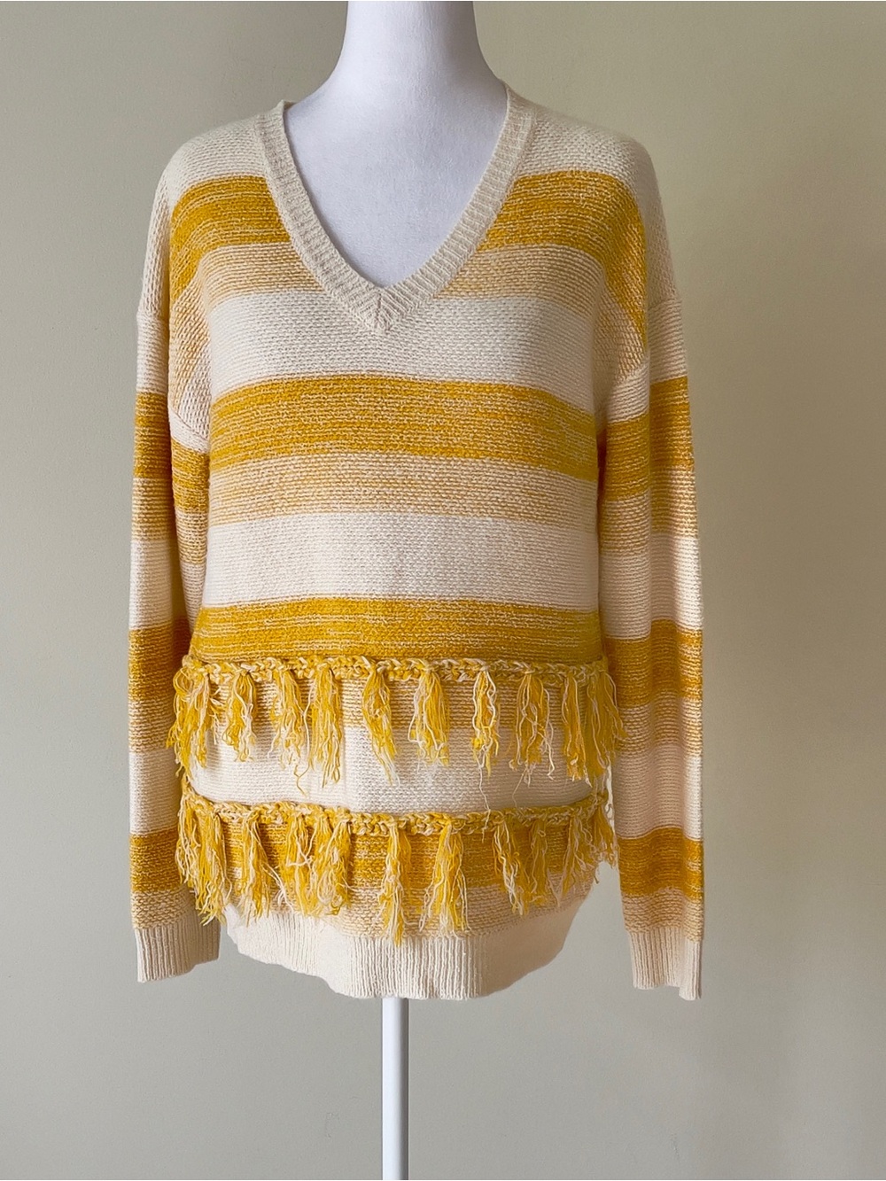 Hem & Thread striped Mustard Yellow & Cream fringe, v-neck Pullover Sweater EUC